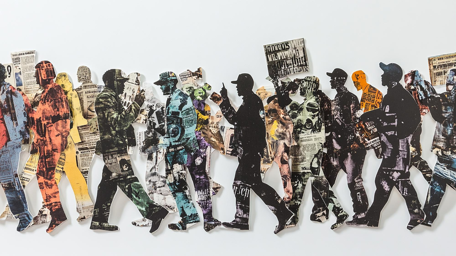 Artistic collage of figures walking, representing the evolution of hip-hop culture and its impact over time in the History of Hip-Hop.